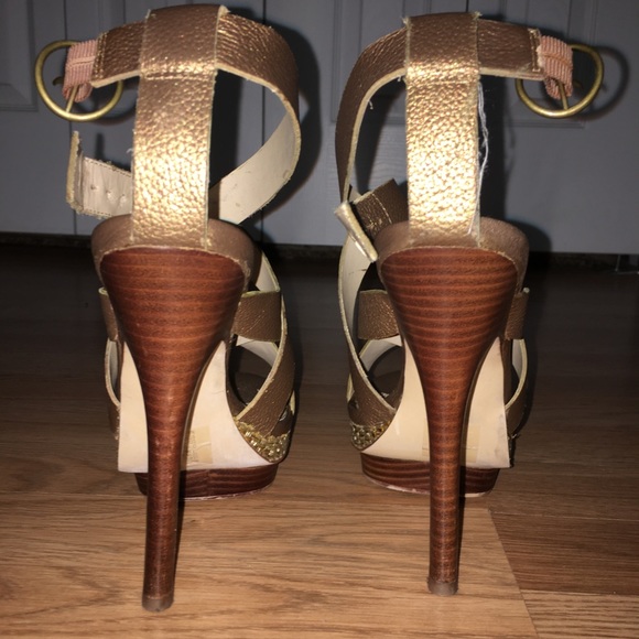 Gold/Bronze platform high heels with ankle straps. Shoe name is Kimberly. - Picture 3 of 7